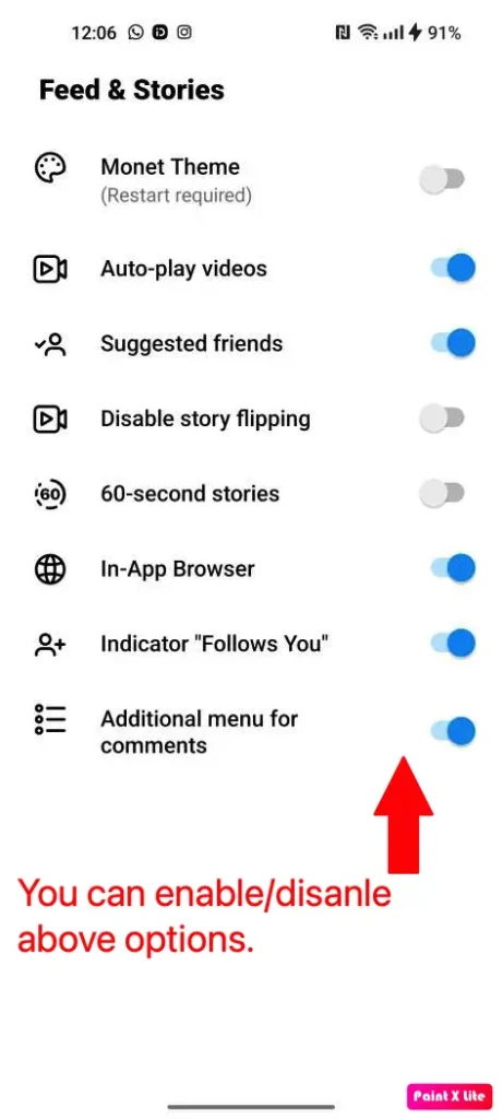 Feed and stories options